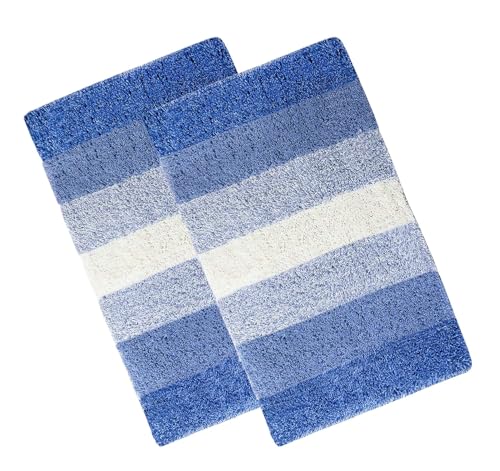 Image of THE HOME TALK Cotton Stripes Bathmats | Water Absorbent Runners | Floor Mats /Rugs for Kitchen, Bathroom | Ultra Soft Mats | Non-Slip | Pack of 2 | 40 x 60 cm | Blue