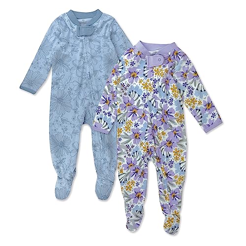 Image of HonestBaby Sleep and Play Footed Pajamas One-Piece Sleeper Jumpsuit Zip-front PJs 100% Organic Cotton for Baby Girls, Jumbo Floral Lilac, Newborn