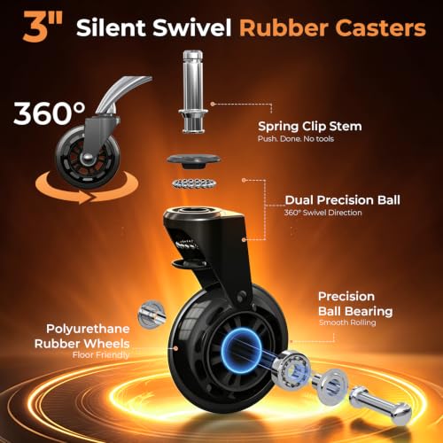 Image of Office Chair Wheels for Casters Replacement - 3 inch Rubber Wheels for Computer Gaming Desk Caster Smooth & Safe Rolling for All Floors Including Hardwood and Carpet - Set of 5 - Black