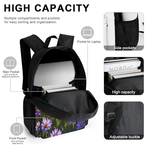 3-in-1 Backpack Combination Set Purple Wildflowers Print 3Pcs Backpack Sets Travel Daypack with Lunch Bag And Cosmetic Bag4