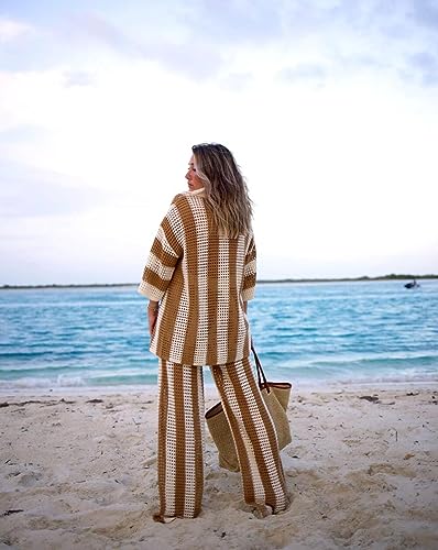 Image of Women Cover Up Sets Button Up Tops with Pants Crochet Set Outfit 2 Piece Outfits Vacation Outfits