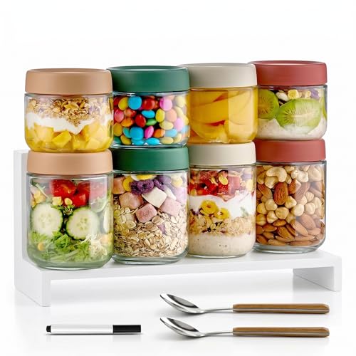 Qipecedm 8 Pack Overnight Oats Containers with Lids, Large & Small Glass Mason Jars 16oz & 10 oz, Breakfast Oatmeal Container to Go, Salad Meal Prep Jars for Food Storage, Mush Chia Seed Pudding Jars