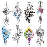 Oottati 8 Sheets 3D Black Realistic Temporary Tattoos for Men Women Adults, Arrow Compass Watercolor Flower Halloween Fake Half Arm Sleeve Tattoos Stickers Legs Kit Sets