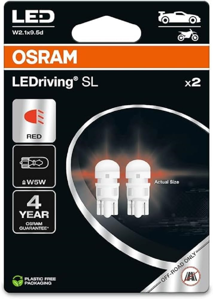 OSRAM LEDriving SL, ≜ W5W, Red, Double Blister (2 lamps), LED Retrofit, offroad use only
