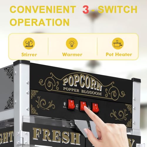 Image of 20 Oz Popcorn Machine with Cart: This popcorn machine on wheels combines an antique-style design with modern features. The cart includes bicycle-style wheels and a cabinet -Black