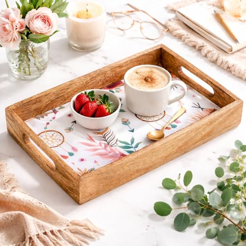 Image of SAAGA Rectangle Deep Dish Tray with Double Handle for Snack Serving in Attractive Prints - 12 Inch X 8 Inch - Mango Wood Kitchen Dining & Decoratives, Burnt Sienna