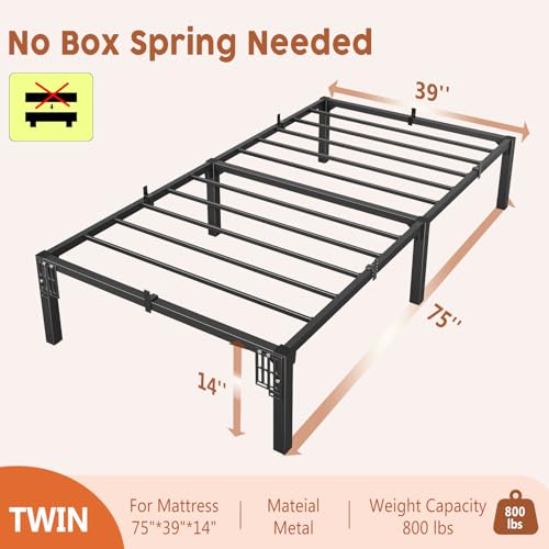 GarveeHome 14 Inch Twin Bed Frame, Heavy Duty Metal Platform Bed Frame with Durable Iron Slat Support and Legs, No Box Spring Required, No Screws Needed, Support Up to 800 Lbs