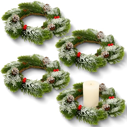 Jansun 4 Pcs Christmas Candle Rings Red Berries Pine Needles Mini Wreaths Small Candle Rings Holder for Christmas Wedding Table Centerpieces