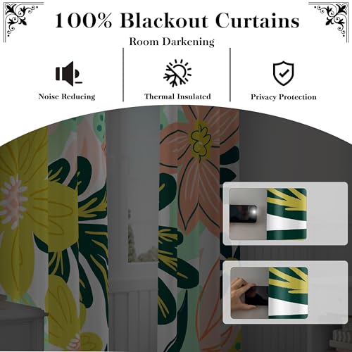 Image of Tyrot Pink Green Botanical Blackout Curtains for Bedroom,52W x 96L,2 Panels