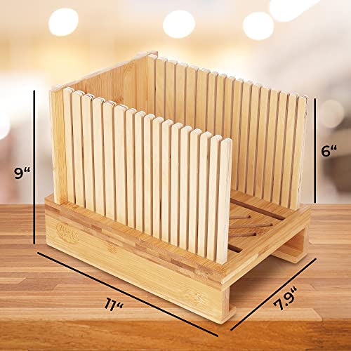 Mama's Great 2023 Updated Bamboo Bread Slicer For Homemade Bread - Adjustable Slicing Guides, Ecofriendly, Compact & Foldable For Easy Bagel & Bread Cutting. Model 2 With Grooved Stop Board #TOP2