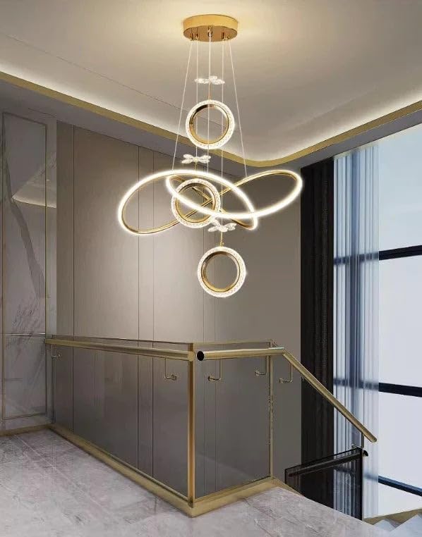 Image of Smart Modern Ring Pendant Light - Gold Finish Circular LED Chandelier with Crystal Design, 3-Color Changing Light for Living Room, Dining Room, Bedroom & Office