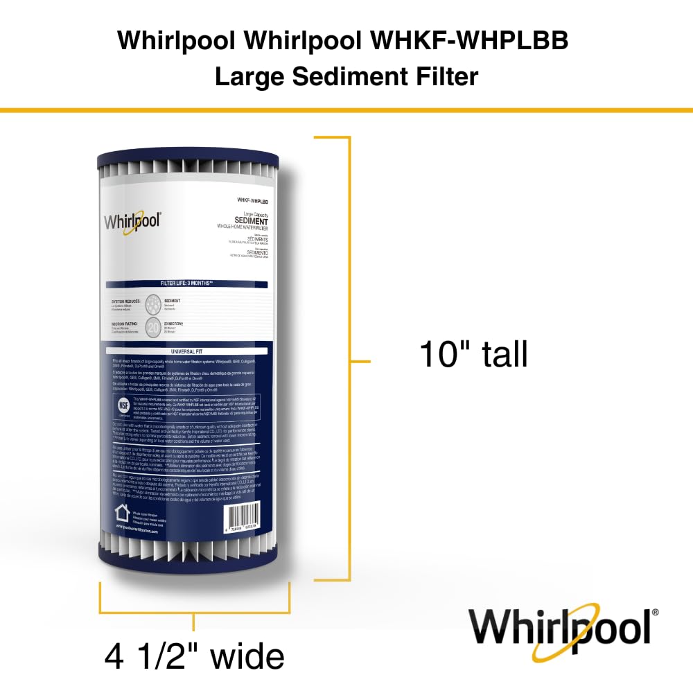 Whirlpool Whole Home #WHKF-WHPLBB, filtre plissé de grande capacité, filtration 30 microns, durée de vie du filtre de 3 mois, réduit les sédiments, le sable, le limon et la rouille
