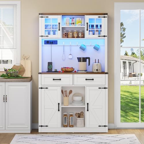 LAKFEW Alacena de Cocina con Enchufe y Iluminación LED, Armario Cocina con 4 Puertas y 2 Cajones, Armario Despensa Cocina con Estante Ajustable y Compartimentos Abiertos, 100x40x172 cm, Marrón+Blanco