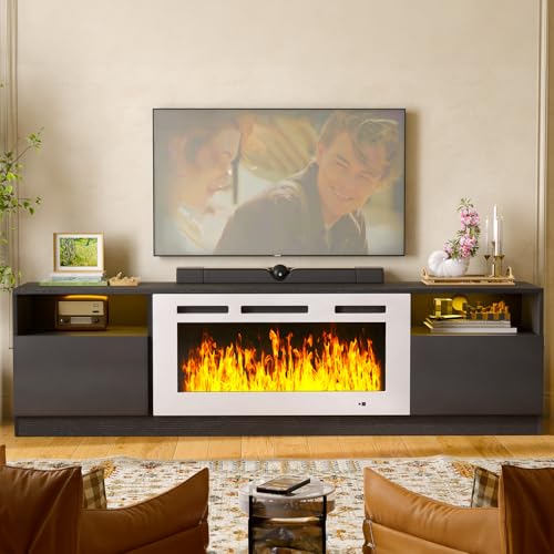 Image of MXV 80 inch Fireplace TV Stand for TVs Up to 90 inch, LED Light Entertainment Center with 36 inch Electric Fireplace, Modern Wood Texture TV Media Console with Highlight Storage Cabinet, Black-White