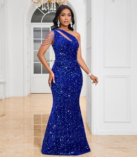 Image of Cololura Women Sequin Elegant Sexy One Shoulder Tassel Mermaid Bodycon Cocktail Evening Dress