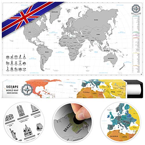 #benehacks Carte du Monde à gratter Poster Mural en Anglais - Décoration carnet de Voyage Aventures avec cartographie détaillée - Noir/Blanc - 84 x 44 cm