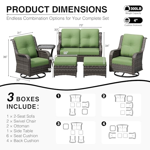 Image of Joyside 6 Piece Wicker Patio Furniture Set, Outdoor Swivel Rocker Patio Chairs with High Back, Deep Seating, Wide Armrest, Thickened Cushions, Outdoor Furniture for Deck, Porch Use