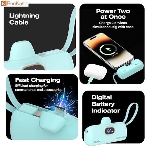 Image of BonKaso 5000mAh Mini Power Bank with Built in Cable, 22.5W PD Fast Charging Pocket Portable Charger, USB Type C Input and Output, Digital LED Display for iPhone and Android, Green