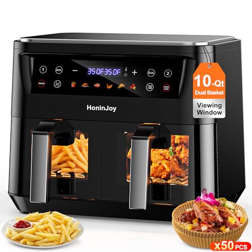 HoninJoy 10QT Large Dual Basket Air Fryer with Viewing Window and 50pcs Paper Liners, 10-in-1...