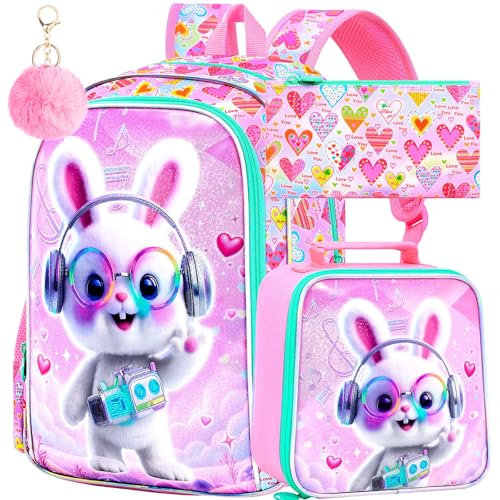 Image of AGSDON 3PCS Backpack for Girls, 16 inch Little Kids Rabbit Preschool Bookbag, Elementary Backpacks and Lunch Box - Purple