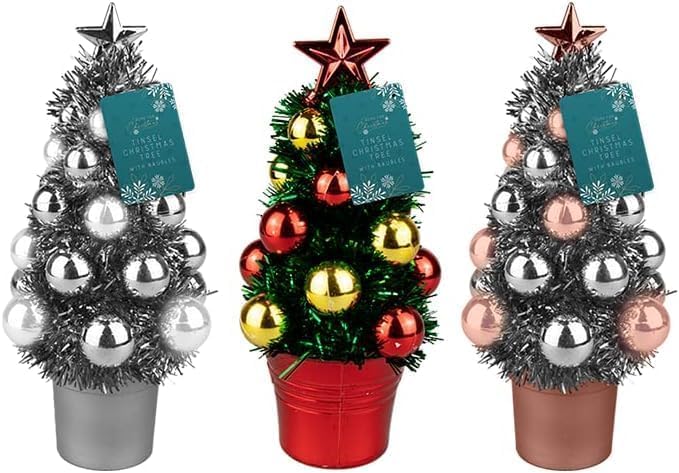 Mini Christmas Tree With Baubles - Artificial Plastic Tinsel Xmas Tree for Seasonal Holiday Home Decor - Assorted Color, 19 X 9cm (1Pc)