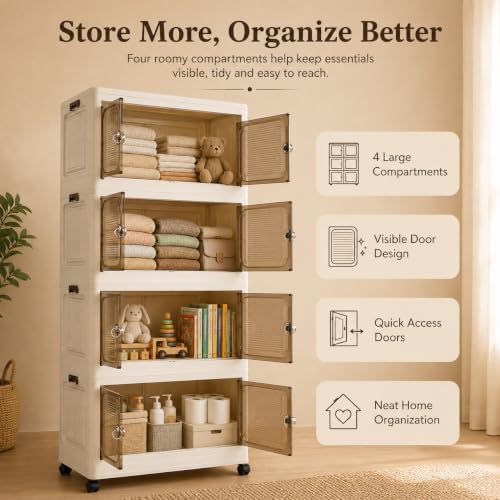Image of KRISHYAM 4-Layer Plastic Storage Cabinet with 4 Translucent Doors & Caster Wheels, Multipurpose Clothes Organizer for Bedroom, Kids Room, Bathroom & Home, 141 x 67 x 37 cm (Black & White)