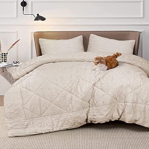 EnvioHome Queen Comforter Set – Soft Crinkled Microfiber Bedding for All Seasons, 3 Pieces Comforter Set with 1 Comforter and 2 Pillowcases – Beige Cover