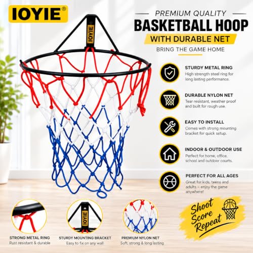 Image of Basketball Ring Hoop Indoor & Outdoor Sports, Kids & Adult Shooting Practice Basketball (Three Color Net) (Pack of 1)