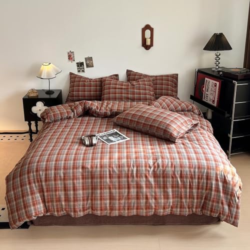 Image of PinkMemory Caramel Blue Gingham Duvet Cover Queen 100% Washed Cotton Buffalo Plaid Bedding Set 3pcs Grid Checkered Duvet Cover Set Full with Zipper Closure Ultra Soft Breathable