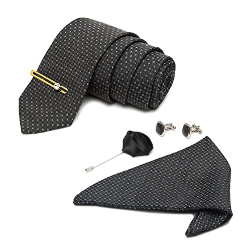 Image of LOUIS STITCH Mens Silk NeckTie Golden Tiepin Gift Combo Set With Pocket Square Cufflinks Brooch Tie Golden Tiepin (Suit Accessories) (Britain)