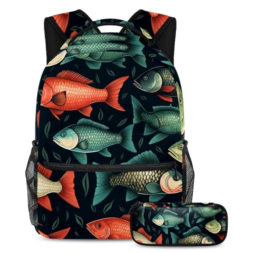 Sac à dos avec trousse à crayons motif poisson coloré pour garçons et filles, taille Large