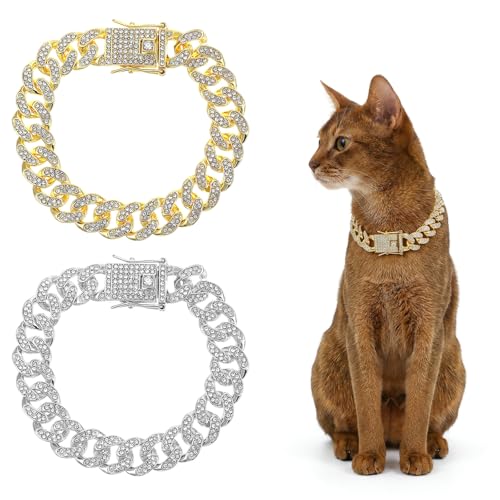 Matwsec 2PCS Gold Cat Chain Collar 8 Inch Diamond Dog Chain Collars Cuban Link Dog Collar for Cats Dogs Kittens Puppies Pets Metal Jewelry Accessories