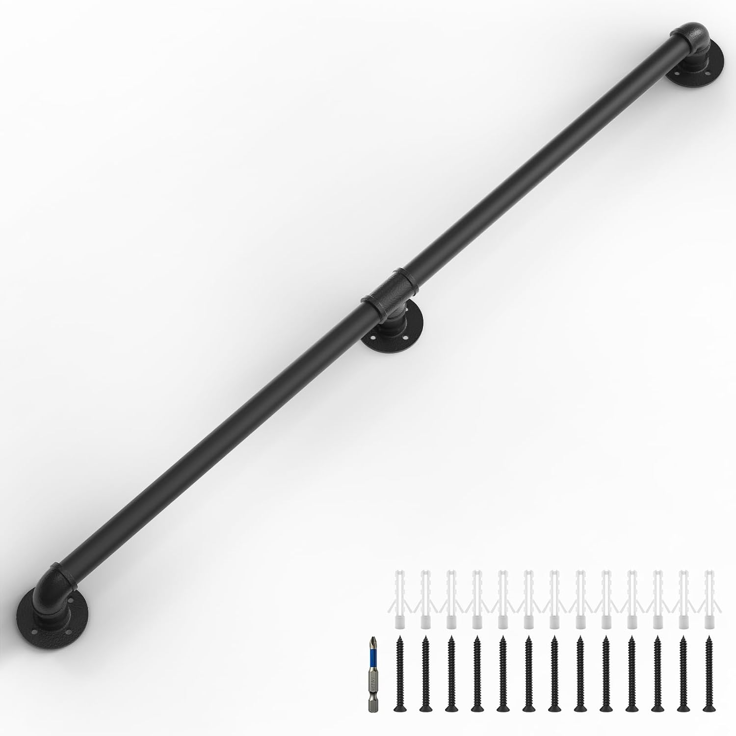 LuckIn 4ft Stair Railing Indoor, Handrails for Indoor Stairs, for Senior and Elderly, Non Slip Safety Rails, Wall Mount & Industrial Pipe, Heavy Duty, Garage Steps Handrail, Black