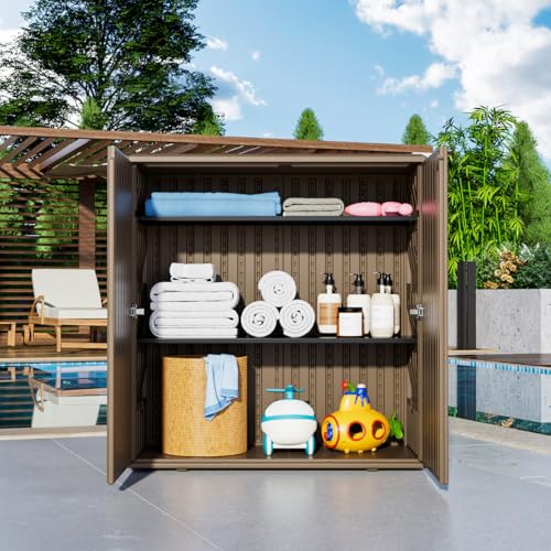 Image of KINYING Outdoor Storage Cabinet Waterproof, Resin 62 Gallon Storage Box for Patio Furniture Cushions, Garden Tools, Pool Accessories (Dark Brown with 1 Shelving)