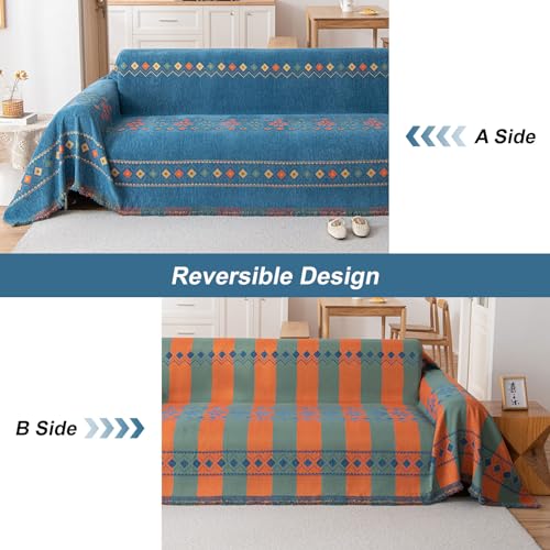 Stacypik Blue Sofa Cover Boho Jacquard Couch Cover For Kids Dogs Sectional Couch Cover For 3 Cushion Couch Geometric Sofa Slipcovers Chenille Tassels Pet Couch Protector Chic Throw Blankets-71X150In thumb #1