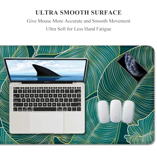 Image of Auhoahsil Desk Pad, XL Extended Large Gaming Mouse Pad 31.5 x 11.8 Inch, Waterproof Mousepad with Stitched Edge, Non-Slip Computer Keyboard Laptop Mat for Women Men Office Work, Teal Tropical Leaves