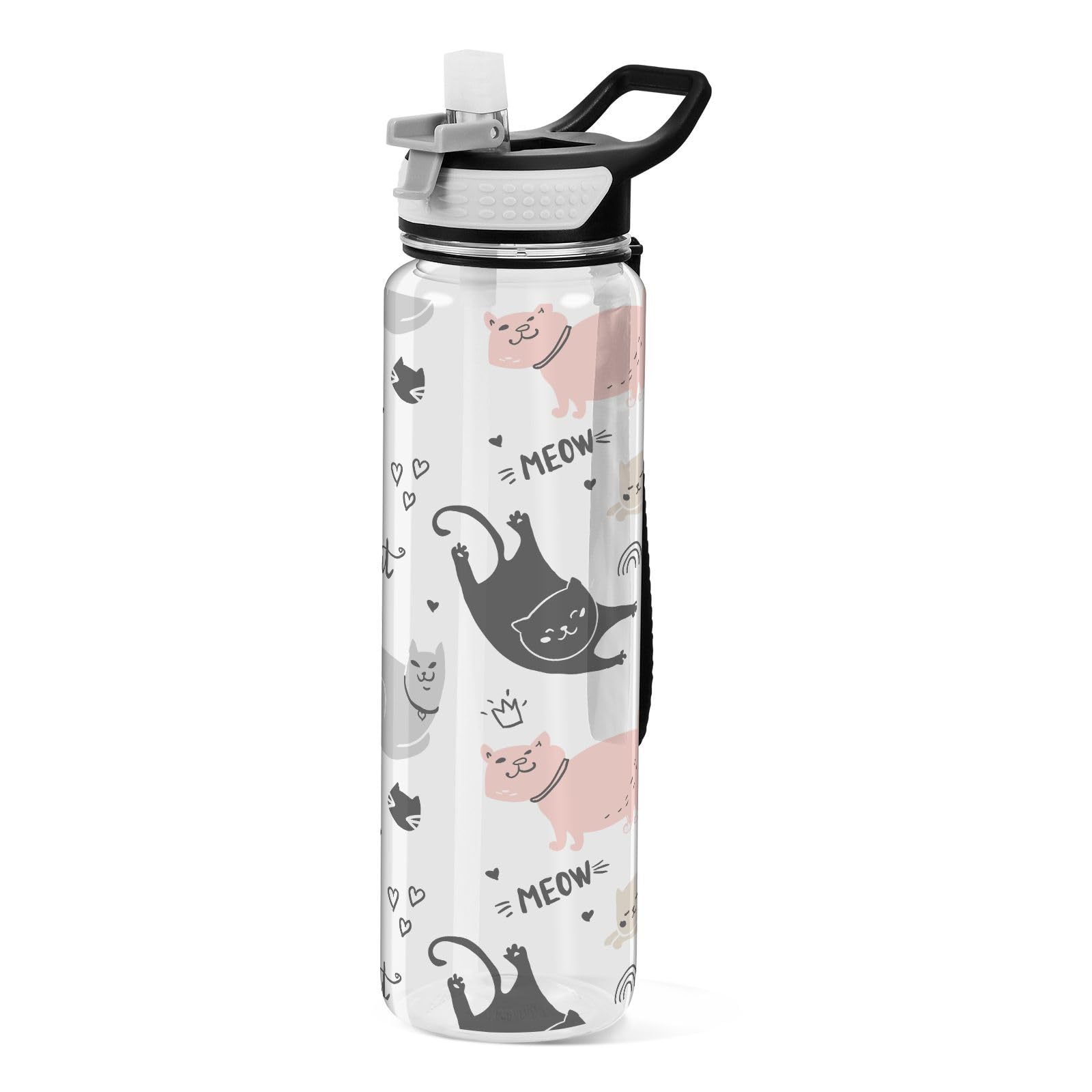 Mnsruu Cool Cat Water Bottle 1L with Straw, Leakproof BPA Free Tritan Drink Bottle, Sport Water Bottle for Men Women Kids