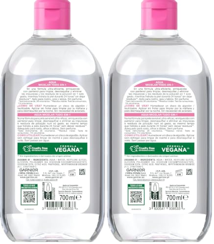 Garnier Skin Active, Agua Micelar Clásica Todo en Uno, Desmaquillante, Limpiador Facial, Limpia Rostro, Labios y Ojos, Sin Aclarado, para Todo Tipo de Pieles, Formato Maxi, 700 ml (Paquete de 2)