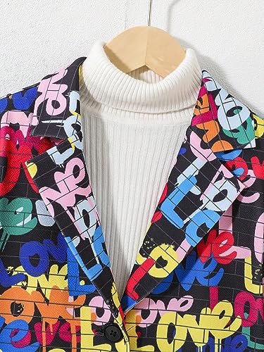 WDIRARA Girl's Allover Letter Print Button Front Jacket Lapel Neck Long Sleeve Coat4