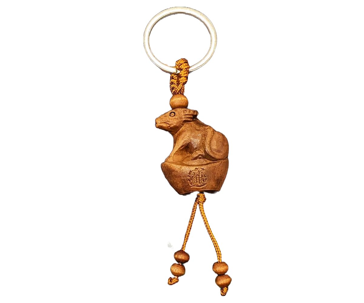 Luck Trader Women's Brown Ox Chinese Zodiac Lunar New Year Hand Carved Mahogany Wood Keyring Keychain