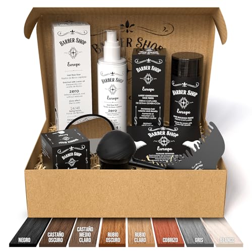 Kit X5 Fibras Capilares Castaño Medio Oscuro - Con: Fibra Capilar - Aplicador Fibras Capilares - Fijador Fibras Capilares - Optimizador y Espejo - Microfibras Capilares (Castaño Medio Oscuro)