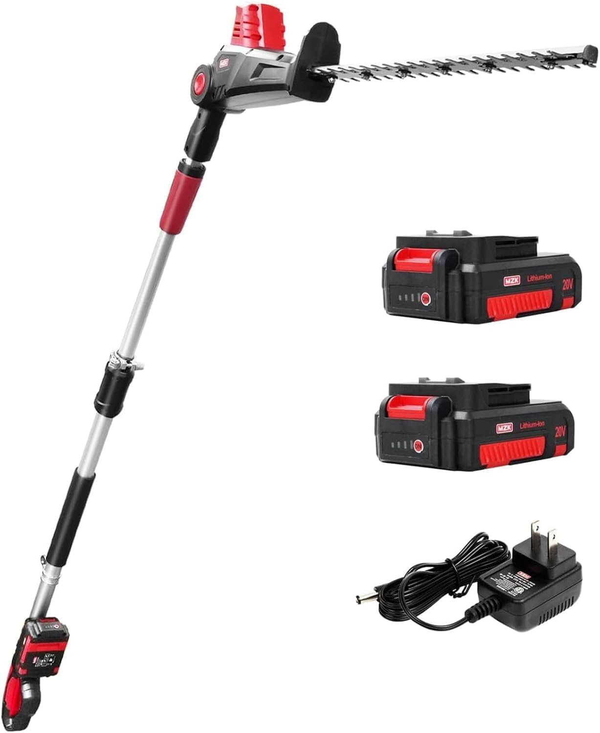 MZK 20V MAX 57cm Cordless Hedge Trimmer Attachment, 2.5m Reach, Electric Hedge Trimmer with Extension Pole, Multi-Angle Design (Two Batteries & Charger Supplied)