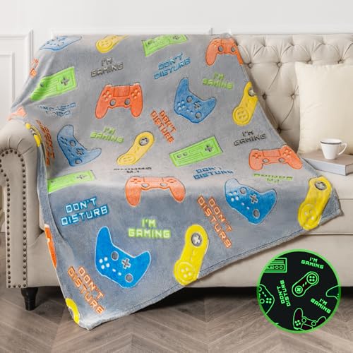 Glow in The Dark Gamer Gaming Blanket Gifts Toys for Kids Boys 1-14 Years Old Birthday Christmas Easter Gift Toddler Teens Boyfriends Game Controller Presents Throw Game Room Decor Grey 50"x 60"