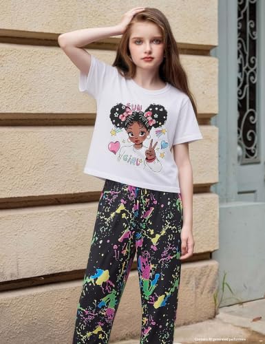 Image of mksodop Girls Outfit Set Graphic T Shirt and Camo Jogger Pants Cute Casual Clothes for Girls 5-16 Years