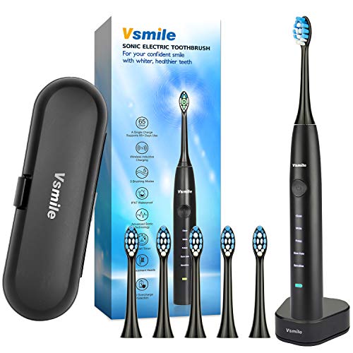 Vsmile Sonic Electric Toothbrushes for Adults Inductive Charging Waterproof with Travel Case 5 Modes 6 Brush Heads Smart Timer, 2200mAh Battery, Last 65 Days Between Charges (Black)