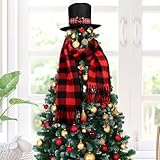 Liitrsh 2 Pcs Christmas Tree Topper Snowman Hat Black Red Plaid Scarf Tree Topper Decorations Snowman Top Hat with Plaid and Mistletoe Holly and Berry for Christmas Tree Decorations Supplies