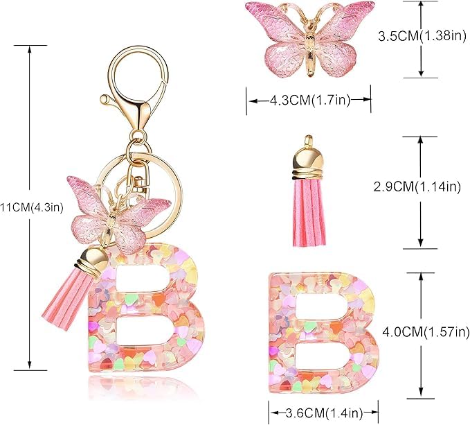 Image of GEOCARTER Lightweight Fashion Initial Letter Key Ring with Butterfly Pendant & Tassel, Stylish Purse Charm for Handbags, Car Keys, Gifts for Girls & Women