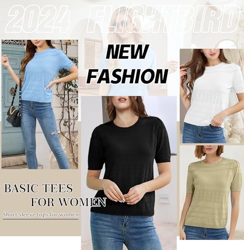 Image of 2024 Summer Women's Short Sleeve Kint Top Crew Neck Casual Ribbed Sweater Loose Textured Pullover Sweaters Tops