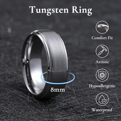 Image of King Will Classic Tungsten Wedding Band for Men, 6 /7 /8 /9 /10mm Widths, Polished Finish Step Edge Matte Rings Comfort Fit