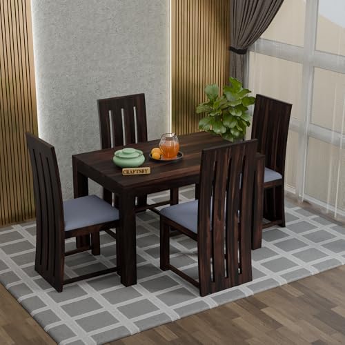 Image of 45 Inches Length Solid Sheesham Wood 4 Seater Dining Table Set | Four Seater Dinner Table with 4 Grey Cushions High Chairs| Dinning Table Set 4 Seater for Living Room| Walnut Finish